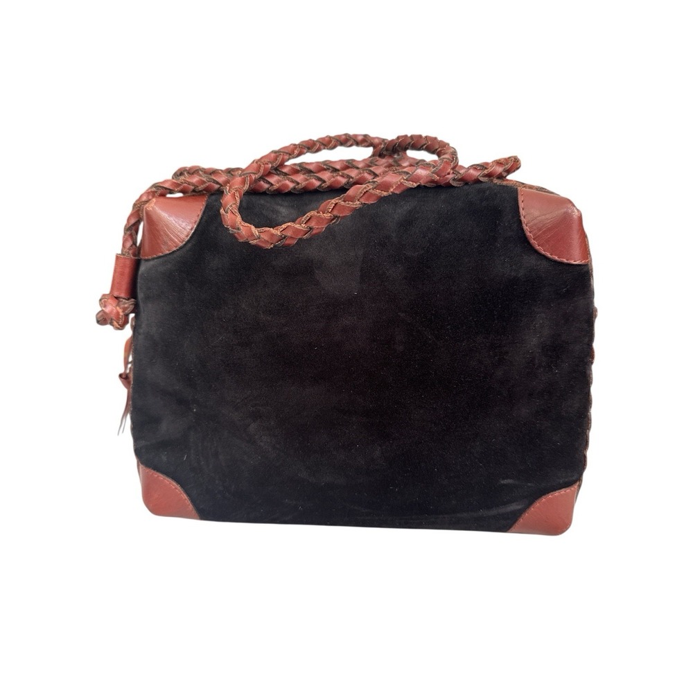 Vintage LJS Black Suede Handbag Brown Leather Braided Strap Made In Brazil